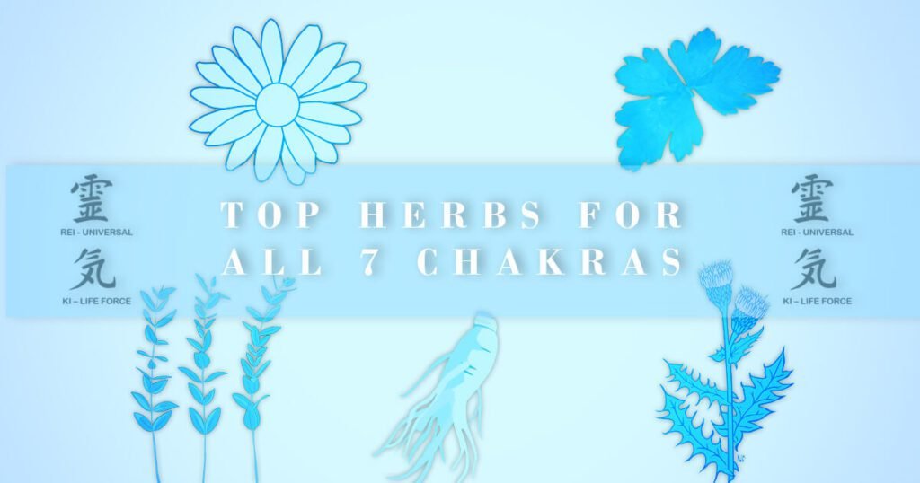top herbs for all seven chakras text overlay over silhouettes of herbs such as ginseng, milk thistle