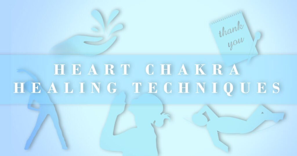how do you heal your heart chakra - blue silhouettes of various shapes representing the methods below including a woman praying and a gratitude journal 