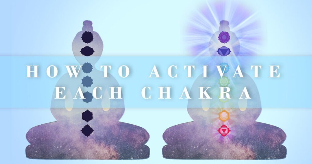 how to unblock each chakra - 2 silhouettes in meditation pose, one with darken chakras the other with chakras bursting with light