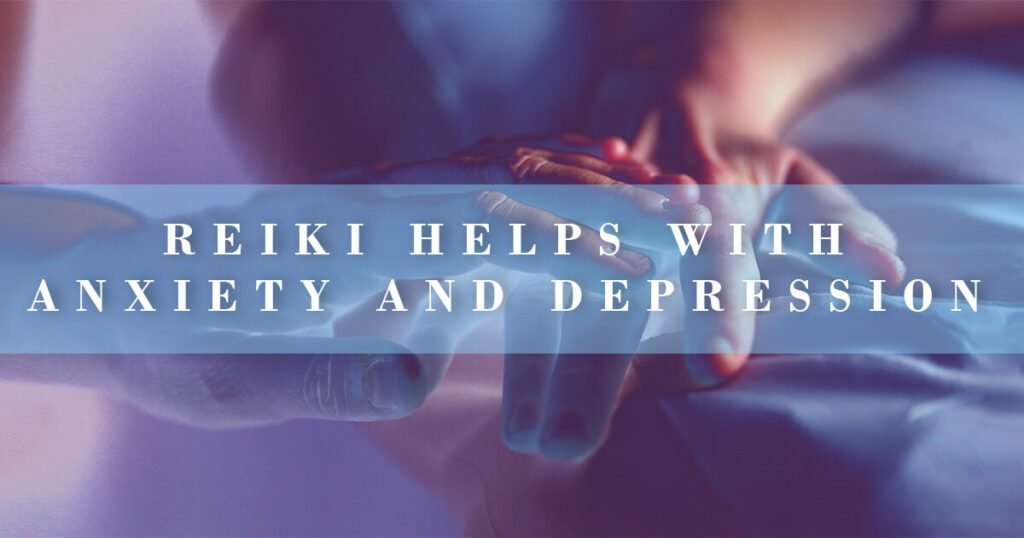 reiki helps with anxiety and depression - two hands touching with blue filter on the image