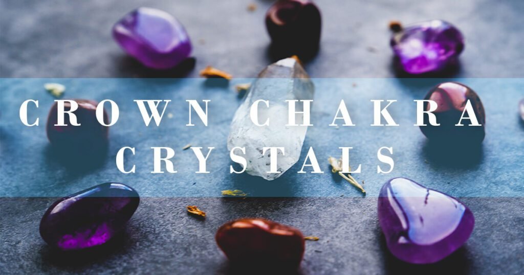 unblock your crown chakra with crystals - beautiful clean purple crystals lighted from above and text overtlay