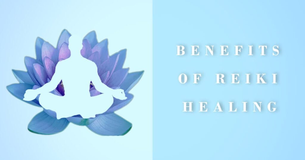 benefits of reiki healing therapy text and a man silhouette in meditation pose over a lotus flower