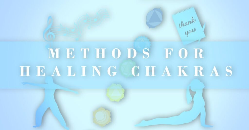 balance each chakra techniques - chakra symbols with silhouettes of various chakra healing methods and text overlay