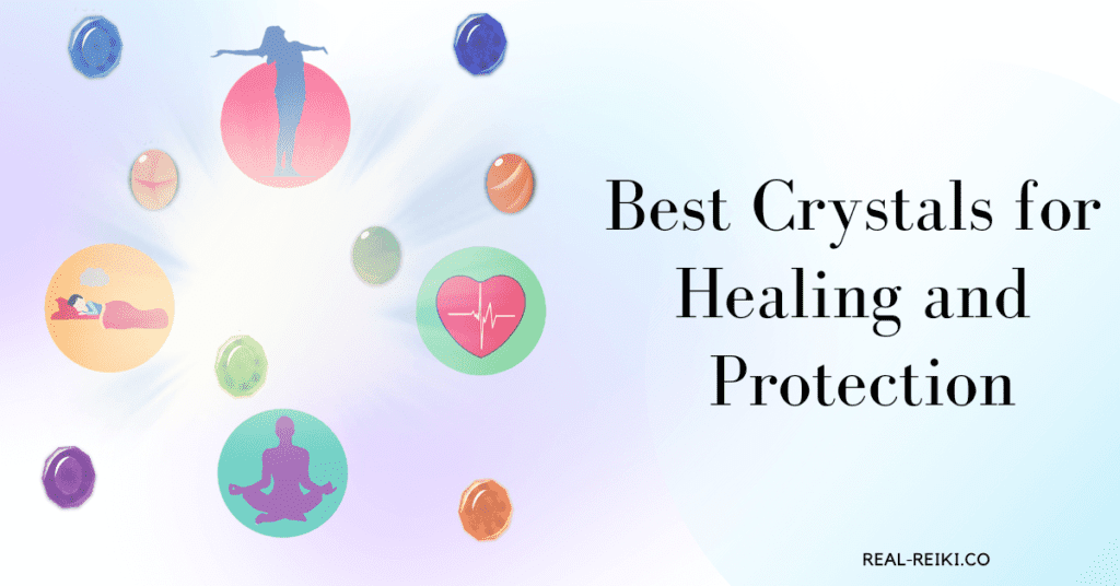 best crystals for daily protection and healing - light bursting with crystals and simple illustrations of health and happiness