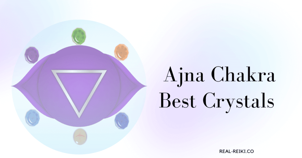 best crystals for third eye chakra - ajna chakra symbol surrounded symmetrically by 6 crystals illustrations with title text