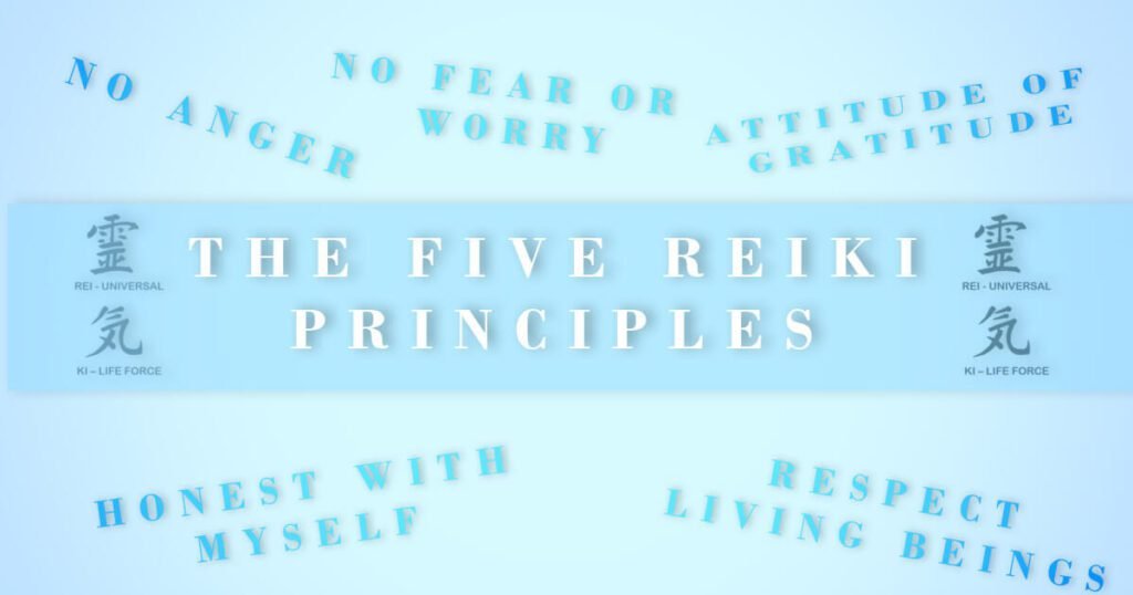 five reiki principles text overlay with text of the principles and Japanese Reiki Symbols