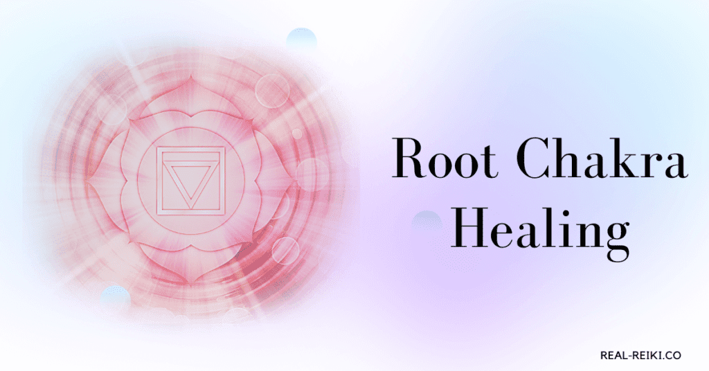 how do you heal the root chakra - root chakra symbol with faded circles and light balls along with title text
