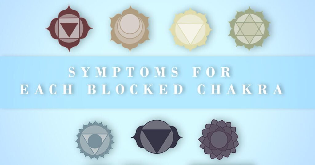 symptoms of blocked chakras text overlay and darkened chakra symbols