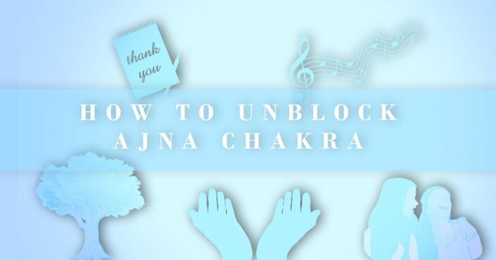 unblock the third eye chakra - silhouettes of various things representing ajna chakra methods such as 2 hands praying or gratitude journal