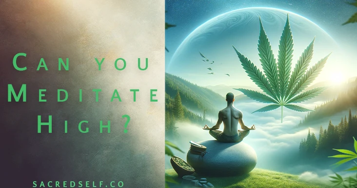 can you meditate high - conceptual meditating man besides a river and marijuana leaf in horizon