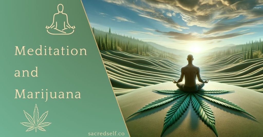 can you meditate while high - a meditating man on a big leaf of marijuana
