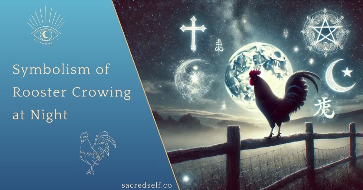 Mystical rooster crowing at night under a full moon with celestial symbols