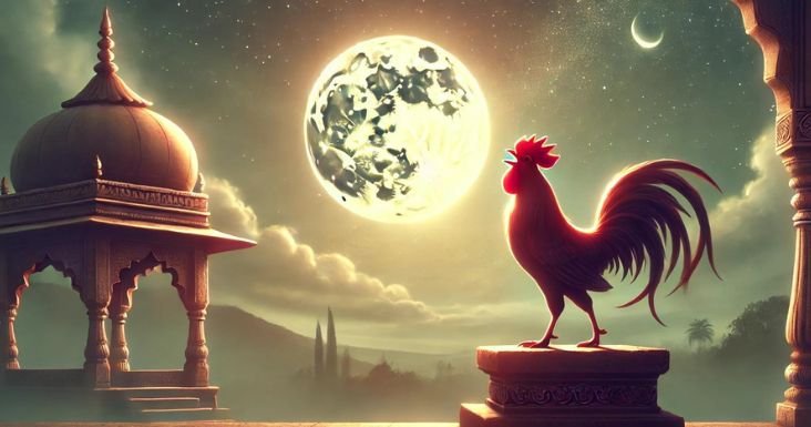 rooster crowing at night hinduism symbolism - Rooster crowing at night under a full moon near a temple, symbolizing Hindu beliefs