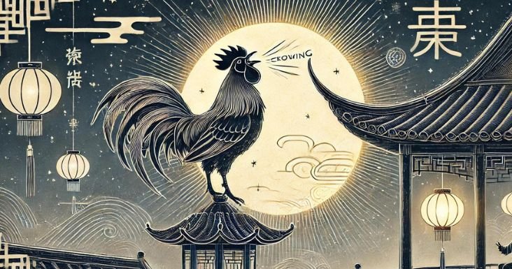 Rooster crowing atop a roof under a full moon, reflecting Chinese cultural symbolism