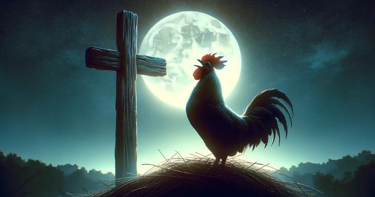 rooster symbolism Christianity - Rooster crowing at night beside a cross with a full moon, symbolizing Christian beliefs