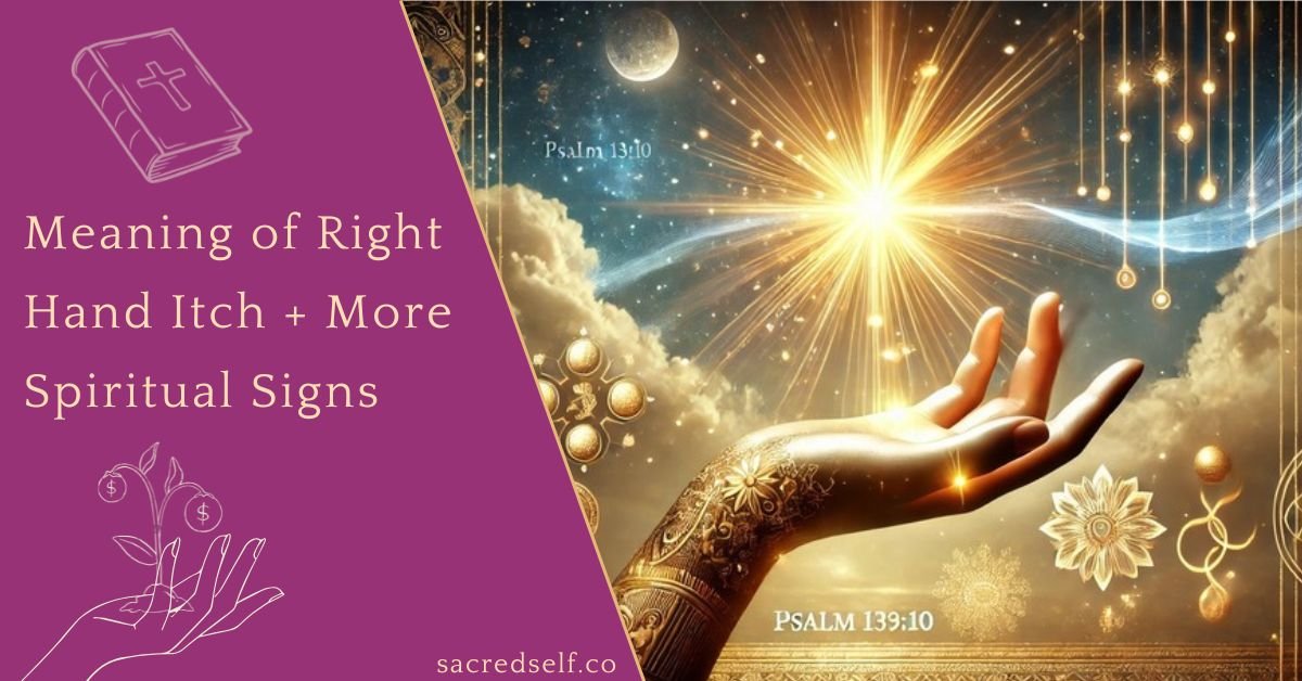 Outstretched hand adorned with golden patterns, reaching toward a radiant sunburst, surrounded by celestial elements and Psalm 139:10 text, with the title ‘Meaning of Right Hand Itch + More Spiritual Signs