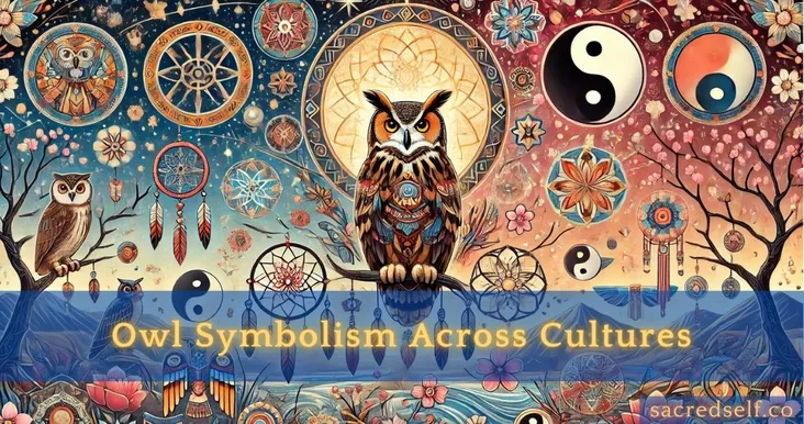 Illustration of an owl surrounded by dreamcatchers, yin-yang symbols, and cultural motifs, representing owl symbolism across cultures.