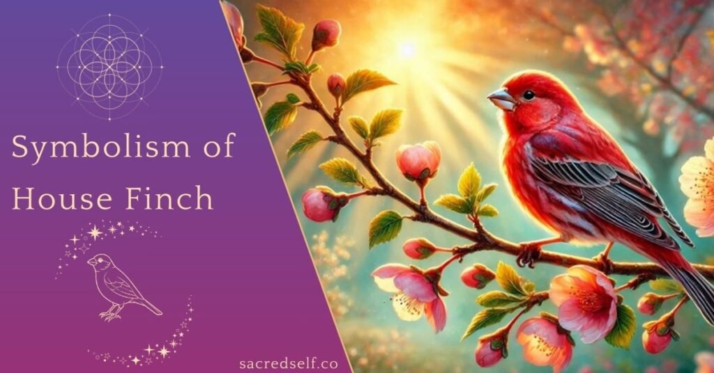 Red house finch perched on a flowering branch with sunlight, symbolizing harmony and growth.