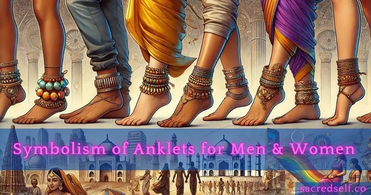 Feet adorned with anklets in various styles, worn by men and women, with cultural motifs in the background.