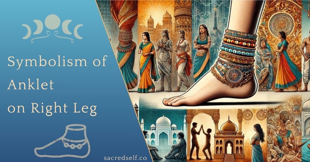 Close-up of a bejeweled anklet on a woman’s right leg, with cultural imagery in the background, symbolizing anklet meanings.