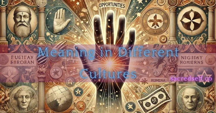 Central glowing hand surrounded by cultural symbols, faces, and emblems, with the overlay text 'Meaning in Different Cultures' indicating spiritual significance