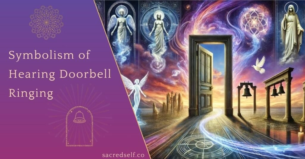 Open mystical door leading to a celestial realm, surrounded by angelic figures and floating bells, with the text 'Symbolism of Hearing Doorbell Ringing' overlayed