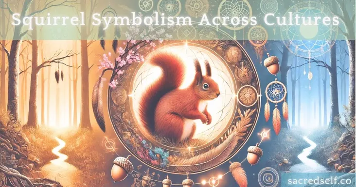 Illustration of a squirrel surrounded by acorns, dreamcatchers, and cultural symbols, representing squirrel symbolism across cultures.