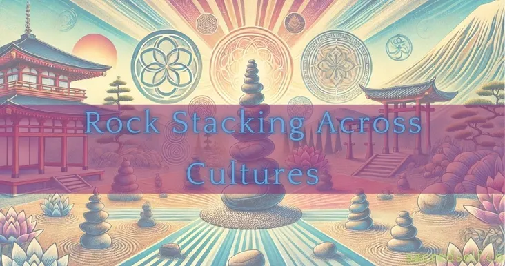 Colorful artistic representation of rock stacking with cultural symbols, temples, and vibrant patterns