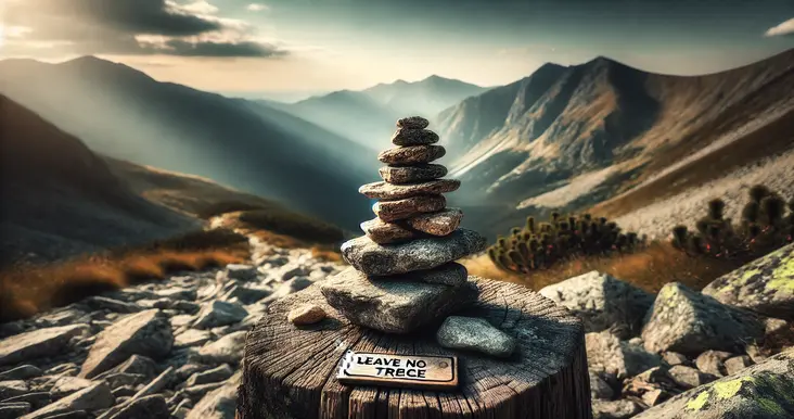 Balanced stone cairn on a tree stump with 'Leave No Trace' sign, surrounded by rugged mountain scenery at sunset