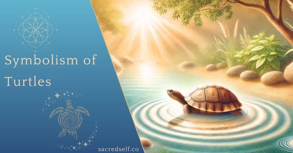 A turtle in a serene pond surrounded by trees and sunlight, with text reading 'Symbolism of Turtles'