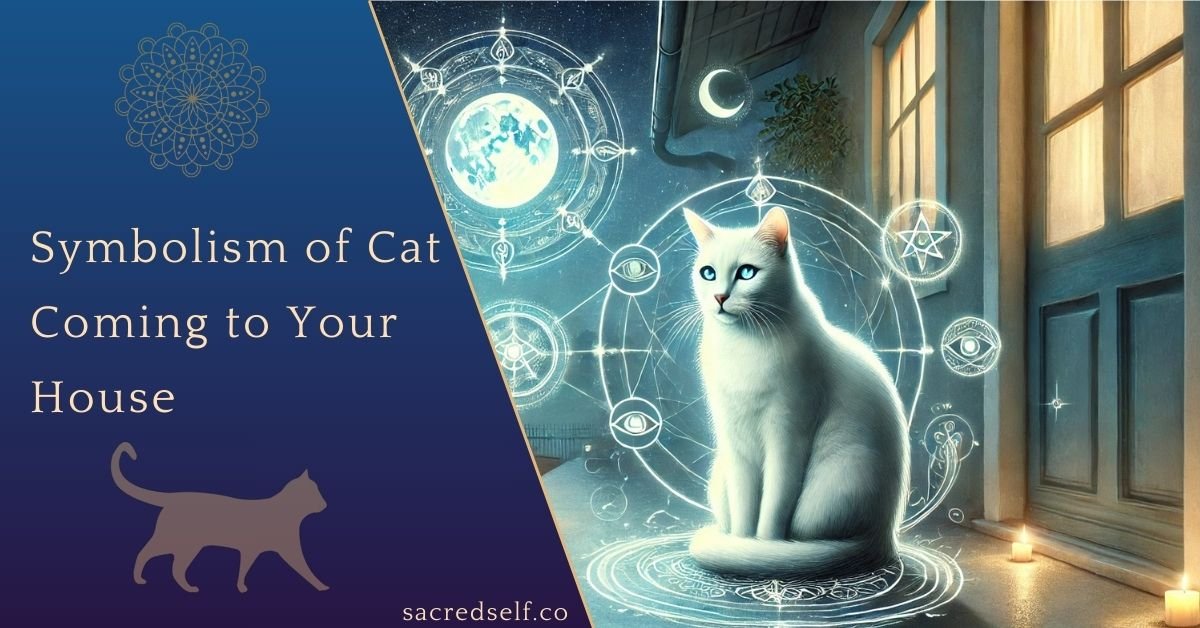White cat sitting in front of a glowing doorway surrounded by celestial symbols and patterns, with the text ‘Symbolism of Cat Coming to Your House’ overlayed