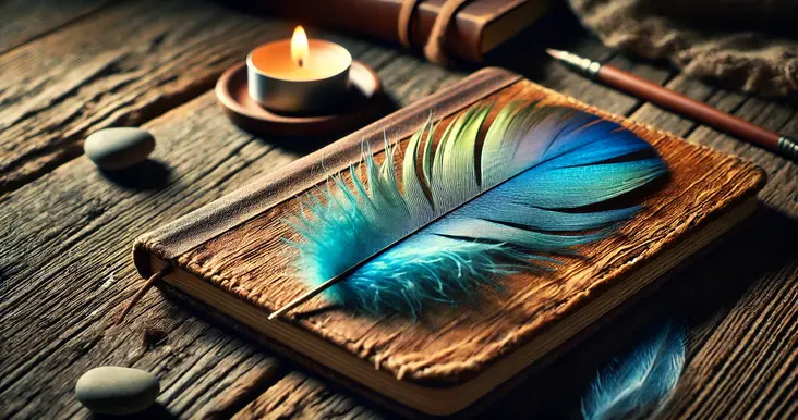 Blue feather resting on a rustic journal with a lit candle, symbolizing spiritual insight and creativity