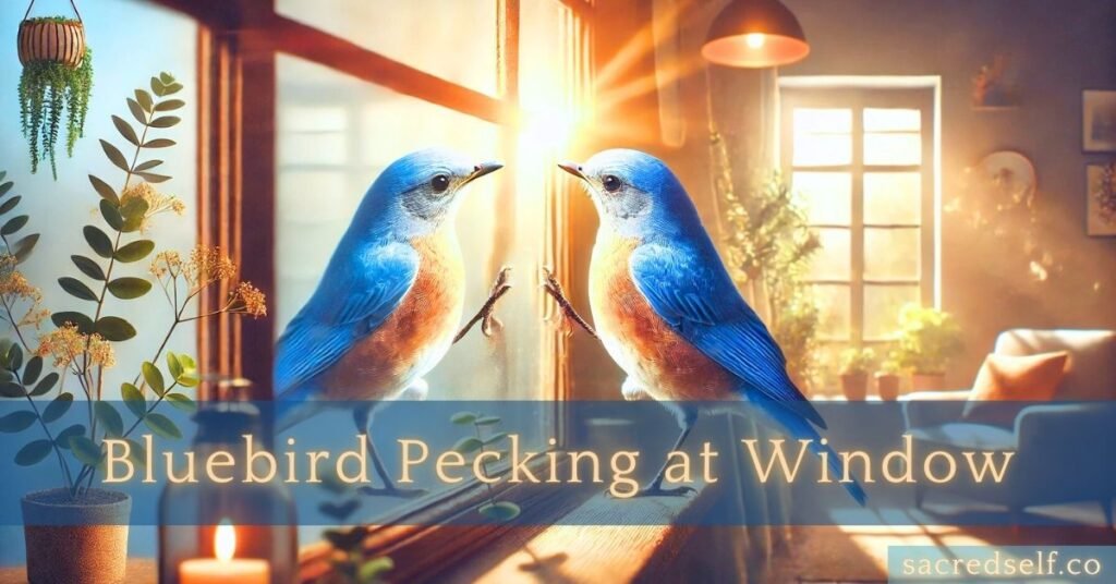 Bluebird pecking at a window with its reflection visible, in a cozy room filled with sunlight and plants.