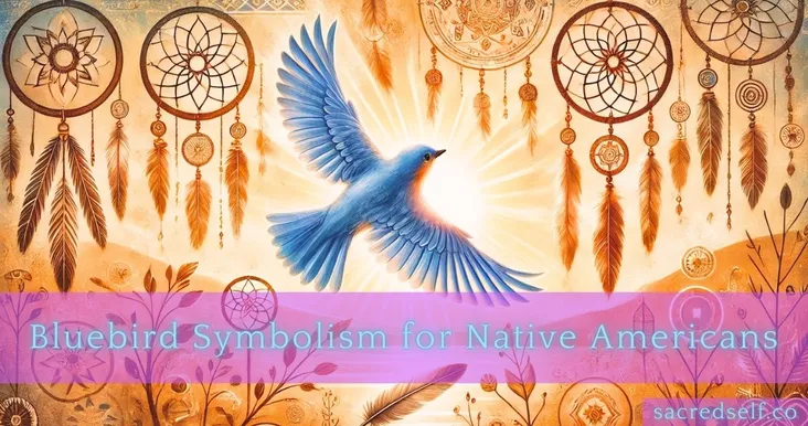 Bluebird soaring with dreamcatchers and feathers in the background, representing Native American symbolism