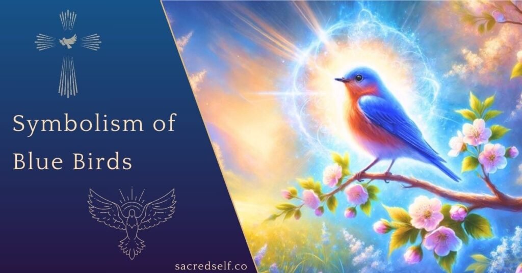 Bluebird perched on a blossoming branch surrounded by a glowing aura, symbolizing spirituality and renewal