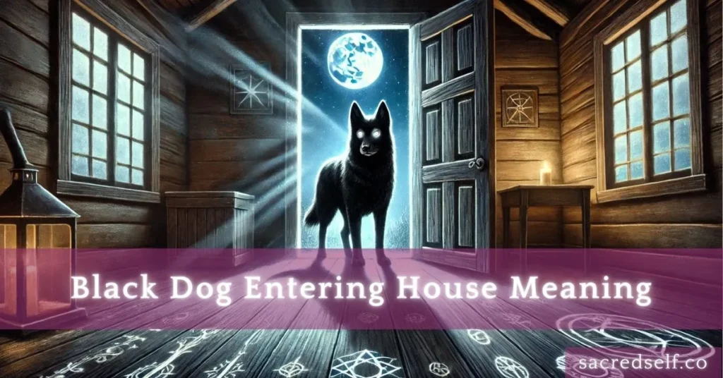 Mystical black dog entering cabin under moonlight, symbolizing spiritual or ominous presence.