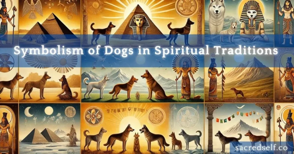 Collage of dogs with spiritual symbols and deities, representing dog symbolism in global traditions.