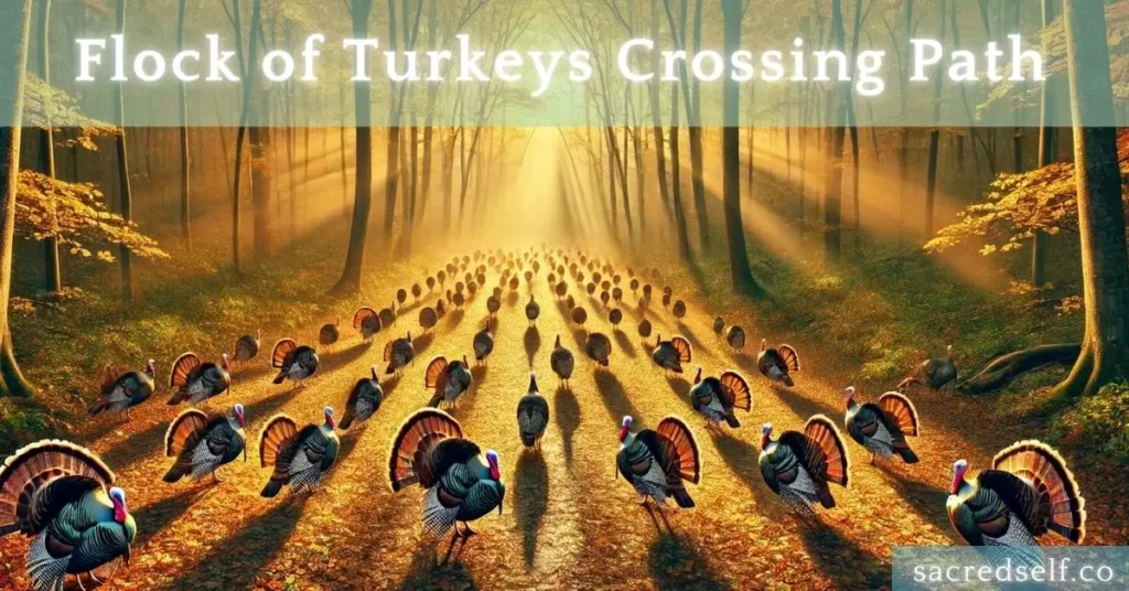 Large flock of turkeys crossing a glowing forest trail, representing unity, prosperity, and spiritual signs.