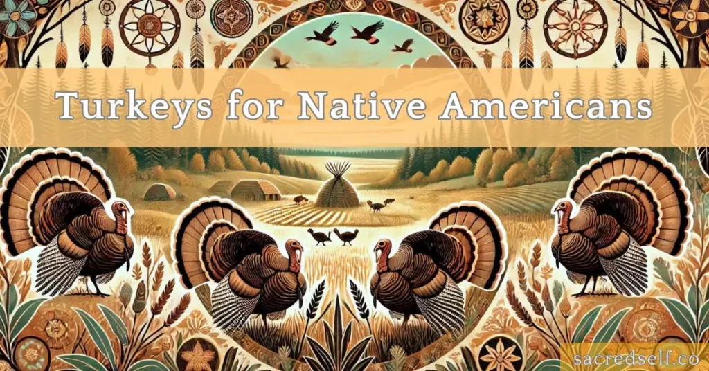 Turkeys in a stylized landscape with dreamcatchers and Native American village imagery, symbolizing cultural significance.
