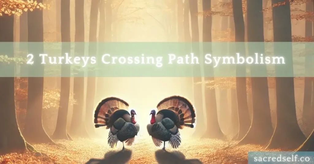 Two turkeys facing each other on a sunlit forest path, symbolizing duality and spiritual crossing.