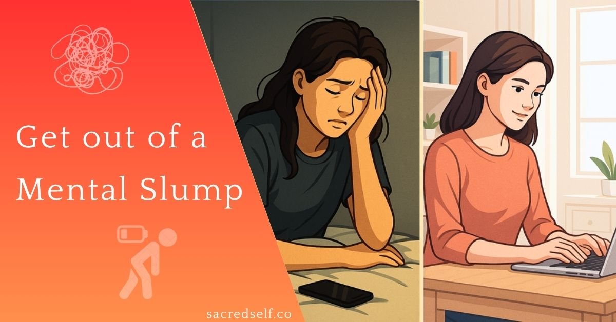 Illustration of a woman overcoming a mental slump, transitioning from sadness to productivity at a laptop.