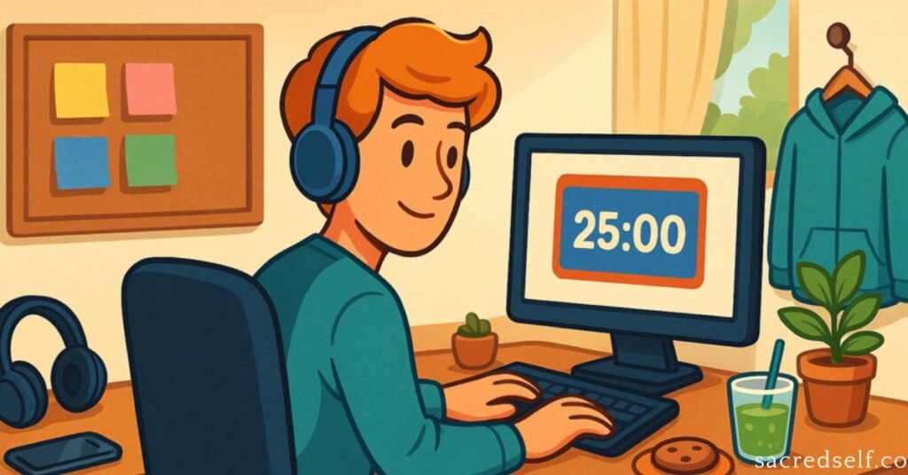 Person using Pomodoro timer at computer, focused in a tidy and organized workspace.