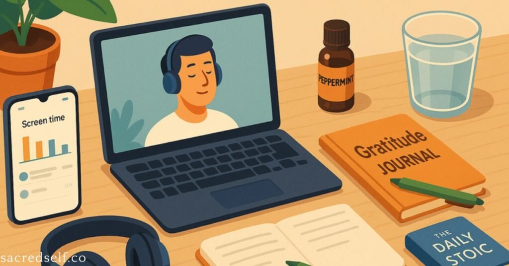 A desk setup with a laptop showing a person meditating, gratitude journal, screen time app, and peppermint oil