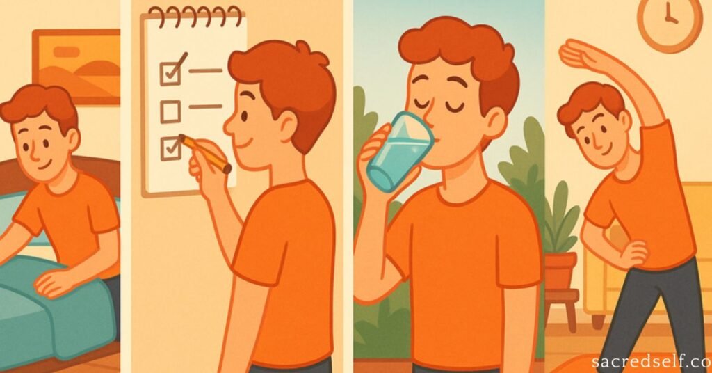 Illustration of healthy morning routine with hydration, planning, and stretching exercises.