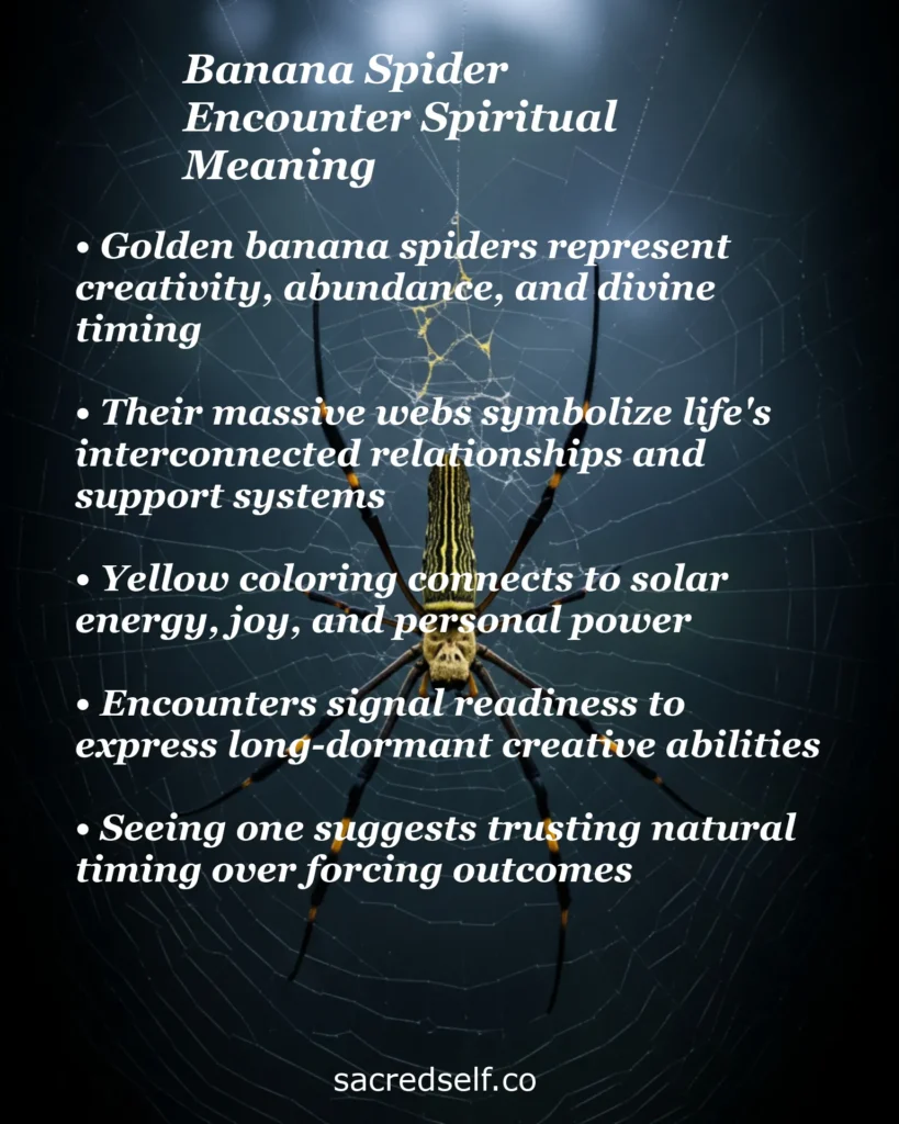 Infographic about the spiritual meaning of a banana spider encounter, with a large golden orb-weaver spider on its web against a dark background, covering themes like creativity, abundance, interconnected relationships, solar energy, dormant creative abilities and divine timing