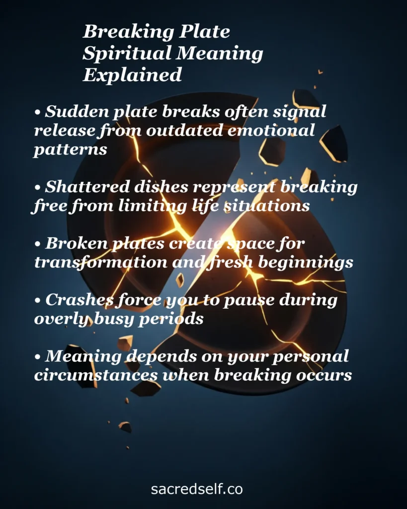 Breaking plate spiritual meaning showing a shattered black plate with golden cracks exploding against a dark blue background, symbolizing emotional release, transformation, fresh beginnings and personal growth