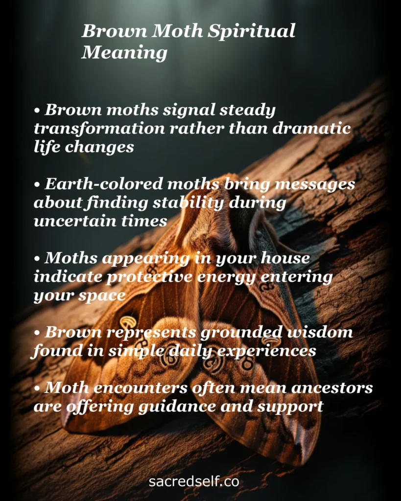 Infographic with 5 spiritual meanings of brown moths: steady transformation, stability during uncertainty, protective energy, and ancestral guidance