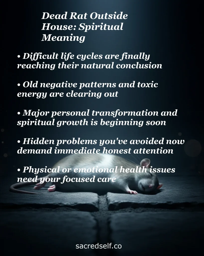 Infographic about the spiritual meaning of finding a dead rat outside your house, with a dark moody background, covering themes like end of difficult cycles, clearing negative energy, personal transformation, hidden problems, and health awareness