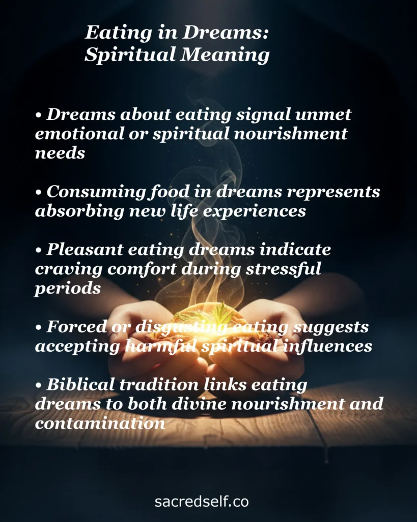 Eating in dreams spiritual meaning infographic with hands holding a glowing food item with golden light and smoke on a dark background, covering emotional nourishment, life experiences, comfort during stress, harmful spiritual influences and biblical interpretations
