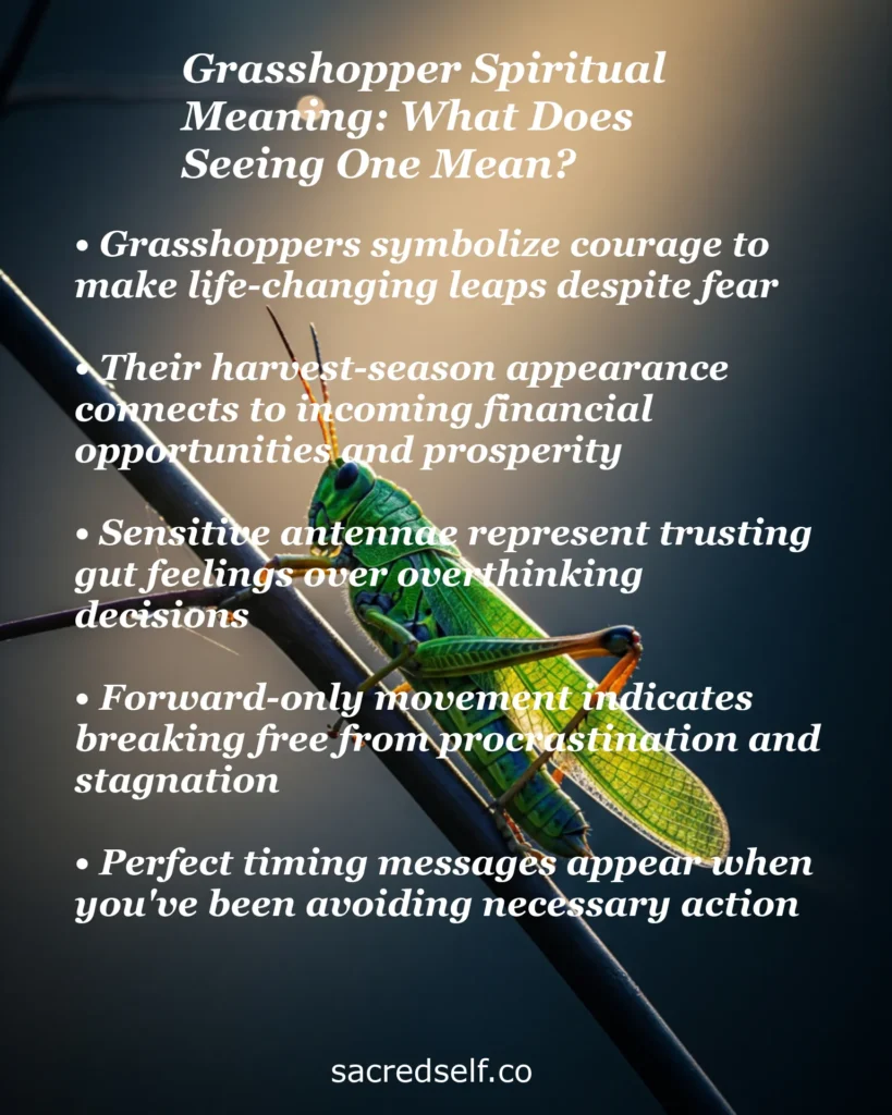Infographic explaining 5 spiritual meanings of seeing a grasshopper: symbolizes courage to make life-changing leaps despite fear, harvest-season appearance connects to incoming financial opportunities and prosperity, sensitive antennae represent trusting gut feelings over overthinking decisions, forward-only movement indicates breaking free from procrastination and stagnation, and perfect timing messages appear when you've been avoiding necessary action